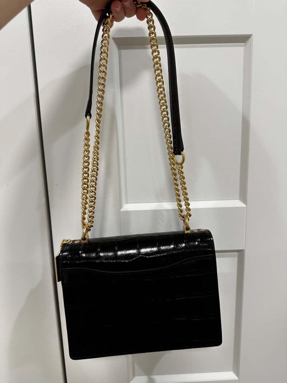NEW Coach Black Croc-Embossed Shoulder Bag with Gold Chain Strap - Picture 2 of 7